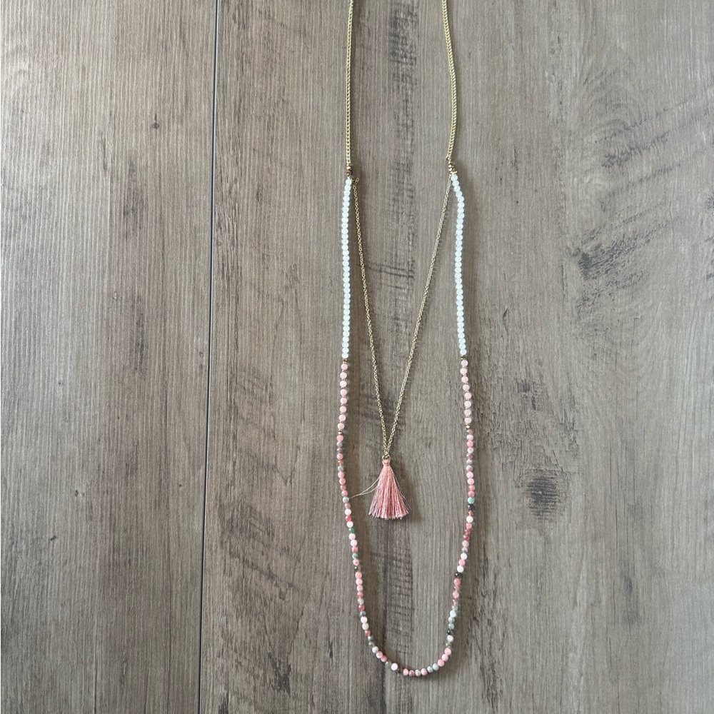 Elegant Pink and Gold Beaded Necklace with Tassel